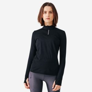 Bluza do biegania damska Kiprun Run 100 Warm. Czarne bluzy KALENJI, l, bez wzorów, z dzianiny, bez kaptura. Za 59,99 zł.