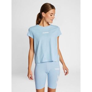 Koszulka damska Hummel Legacy. Niebieskie bluzki Hummel, bez wzorów, sportowe, bez kołnierzyka, bez ramiączek. Za 71,85 zł.