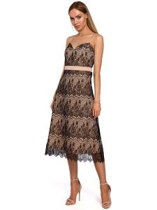 Made of emotion Sukienka w kolorze beżowo-czarnym rozmiar: XXL. Brązowe sukienki Made Of Emotion, xxl, bez wzorów, z koronki, bez kołnierzyka, bez ramiączek, midi, rozkloszowane. Za 83,81 zł.