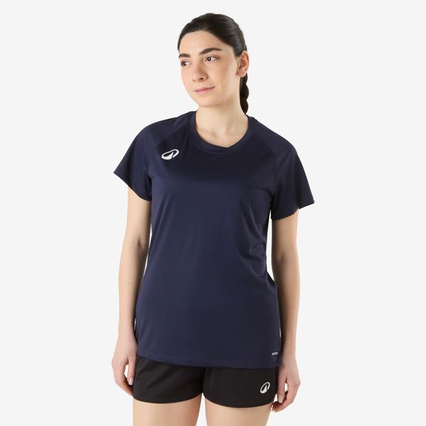 Koszulka do piłki ręcznej damska Atorka H100. Niebieskie bluzki KIPSTA, m, bez wzorów, z materiału, sportowe, bez kołnierzyka, bez ramiączek. Za 44,99 zł.