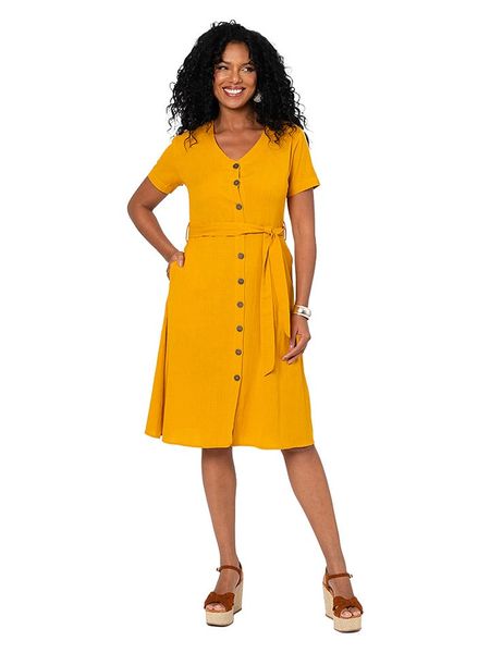 Aller Simplement Sukienka w kolorze żółtym rozmiar: 42. Żółte sukienki Aller Simplement, bez wzorów, klasyczne, bez kołnierzyka, bez ramiączek, midi. Za 100,99 zł.