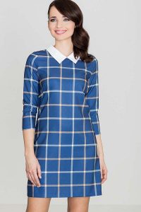 Niebieska Prosta Sukienka w Kratę z Kołnierzykiem. Niebieskie sukienki Katrus, na co dzień, m, bez wzorów, bez kołnierzyka, bez ramiączek. Za 239,00 zł.