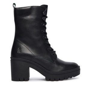 Trzewiki Fly London. Czarne botki Fly London, bez wzorów, bez obcasa, na słupku, bez zapięcia. Za 599,99 zł.