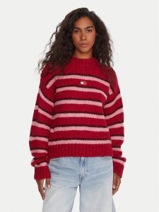 Tommy Jeans Sweter Badge DW0DW21679 Czerwony Relaxed Fit. Czerwone swetry klasyczne Tommy Jeans, xxs, z jeansu, bez kołnierzyka. Za 399,99 zł.