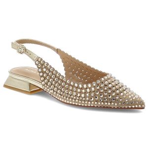 Czółenka damskie Alma En Pena, z odkrytą piętą ozdobione efektownymi kryształkami na stabilnym niskim obcasie z regulowanym paskiem wokół kostki, zło. Żółte czółenka Alma en Pena, bez wzorów, bez obcasa, bez zapięcia. Za 521,90 zł.