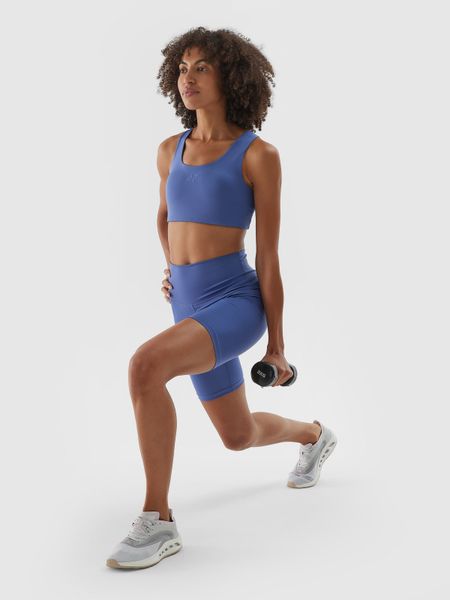 4F Legginsy krótkie treningowe damskie - granatowe M. Niebieskie legginsy 4f, bez wzorów, z dzianiny, z podwyższonym stanem, krótkie. W wyprzedaży za 59,99 zł.