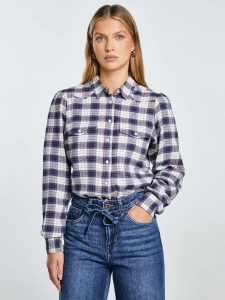 Koszula damska flanelowa w krate granatowo-beżowa Indina 401. Niebieskie koszule Big Star, l, bez wzorów, z bawełny, bez kołnierzyka, bez ramiączek. Za 229,99 zł.