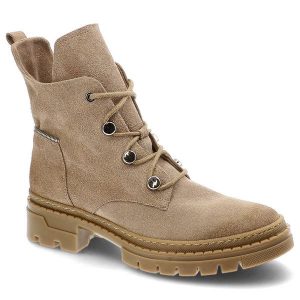 Beżowe Botki Damskie Chebello Modne Skórzane Buty. Brązowe botki CheBello, z aplikacjami, z materiału, bez obcasa, na płaskiej podeszwie, bez zapięcia. Za 329,00 zł.