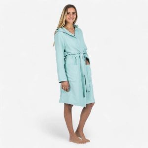 Second Life - Szlafrok na basen damski Decathlon Compact... - Stan Doskonały. Zielone szlafroki DECATHLON, l, bez wzorów, z materiału, z kapturem. Za 66,99 zł.