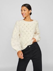 Vila Sweter "Sulfina" w kolorze beżowym rozmiar: L. Brązowe swetry oversize Vila, l, bez wzorów, bez ramiączek. Za 113,99 zł.