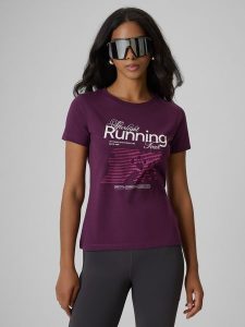 4F T-shirt slim z nadrukiem damski - fioletowy XL. Fioletowe t-shirty 4f, xl, bez wzorów, z bawełny, bez kołnierzyka, bez ramiączek. Za 59,99 zł.