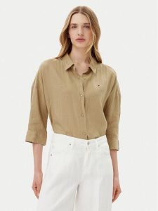 Tommy Hilfiger Koszula WW0WW46169 Beżowy Loose Fit. Brązowe koszule TOMMY HILFIGER, bez wzorów, ze lnu, bez kołnierzyka, bez ramiączek. Za 309,99 zł.