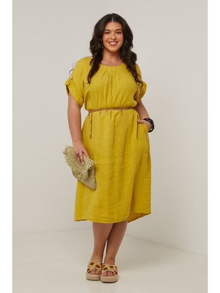 Curvy Lady Lniana sukienka w kolorze żółtym rozmiar: 48/50. Żółte sukienki Curvy Lady, na co dzień, bez wzorów, ze lnu, klasyczne, bez kołnierzyka, bez ramiączek, midi, proste. Za 139,54 zł.