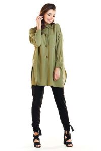 Khaki Oversizowa Koszula z Ozdobnymi Guzikami. Brązowe koszule Awama, l, bez wzorów, z materiału, bez kołnierzyka, bez ramiączek. Za 179,90 zł.