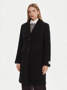 Calvin Klein Płaszcz wełniany LV044D558G Czarny Slim Fit. Czarne płaszcze Calvin Klein, na zimę, m, bez wzorów, z wełny, bez kaptura. Za 939,99 zł.