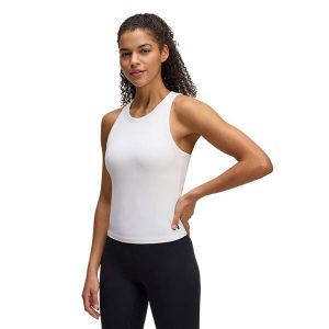 Top treningowy damski Under Armour Motion High Neck Tank. Białe topy Under Armour, l, bez wzorów, bez kołnierzyka, bez ramiączek. Za 109,99 zł.