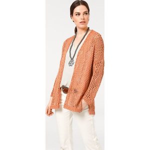 Sweter rozpinany w kolorze brzoskwiniowym. Brązowe kardigany marki Ashley Brooke by Heine, prążkowane. W wyprzedaży za 125,95 zł.