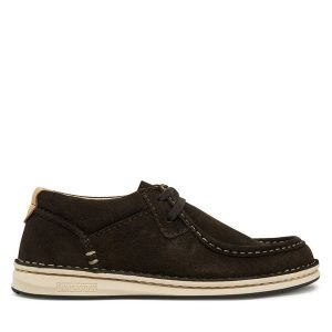 Półbuty Birkenstock. Brązowe półbuty Birkenstock, bez wzorów, bez obcasa, na płaskiej podeszwie, bez zapięcia. Za 489,99 zł.