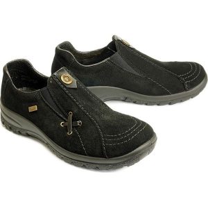 RIEKER L7171-00 black, półbuty/mokasyny damskie. Czarne półbuty Rieker, bez wzorów, bez obcasa, bez zapięcia. Za 379,90 zł.