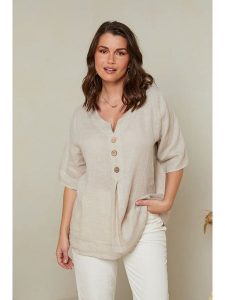 Curvy Lady Lniana bluzka w kolorze beżowym rozmiar: 40/42. Brązowe bluzki Curvy Lady, bez wzorów, ze lnu, klasyczne, bez kołnierzyka, bez ramiączek. Za 122,96 zł.