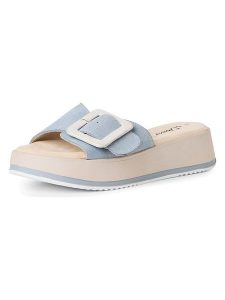 S.Oliver Skórzane klapki w kolorze błękitnym rozmiar: 36. Niebieskie klapki s.Oliver, bez wzorów, z otwartym noskiem, bez obcasa, na platformie. Za 173,99 zł.