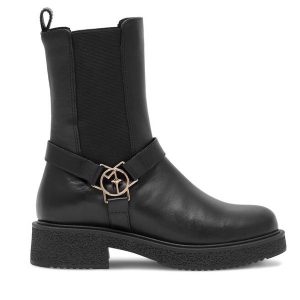 Sztyblety Eva Minge. Czarne botki Eva Minge, bez wzorów, bez obcasa, na płaskiej podeszwie, bez zapięcia. Za 234,99 zł.