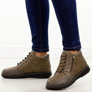Khaki botki damskie Potocki 90347. Brązowe botki POTOCKI, na jesień, bez wzorów, z jeansu, z okrągłym noskiem, bez obcasa, na płaskiej podeszwie, bez zapięcia. Za 169,00 zł.