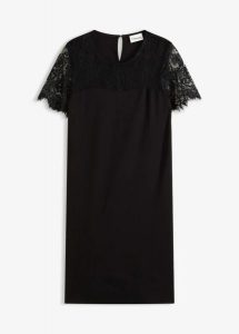 Sukienka z dżerseju z koronką. Czarne sukienki bonprix, bez wzorów, z dżerseju, eleganckie, bez kołnierzyka, bez ramiączek. Za 77,99 zł.