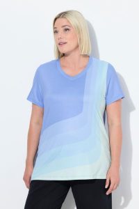 Damskie Koszula na jogę marszczona taśma na plecach dekolt w serek rękaw 1/2. Niebieskie koszule Ulla Popken, m, bez wzorów, z dżerseju, bez kołnierzyka, plus size, bez ramiączek. Za 185,99 zł.