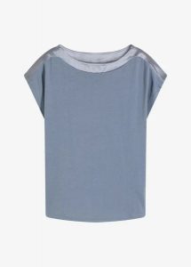 T-shirt z satynowym karczkiem. Niebieskie t-shirty bonprix, bez wzorów, z satyny, bez kołnierzyka, bez ramiączek. Za 102,99 zł.