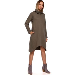 Dzianinowa Asymetryczna Sukienka z Wysokim Kołnierzem - Khaki. Brązowe sukienki MOE, l, bez wzorów, z bawełny, wizytowe, z asymetrycznym kołnierzem, bez ramiączek, asymetryczne. Za 253,90 zł.