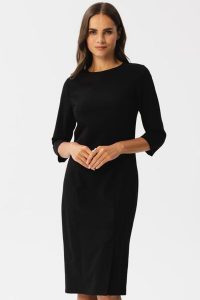 Elegancka sukienka ołówkowa z rozcięciem czarna. Czarne sukienki Stylove, l, bez wzorów, eleganckie, bez kołnierzyka, bez ramiączek, ołówkowe. Za 289,00 zł.