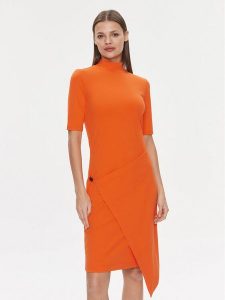 Calvin Klein Sukienka codzienna Stretch Jersey Asymmetric Dress K20K206498 Pomarańczowy Slim Fit. Brązowe kombinezony Calvin Klein, na co dzień, s, bez wzorów, z jersey, bez kołnierzyka, bez ramiączek, proste. Za 339,99 zł.