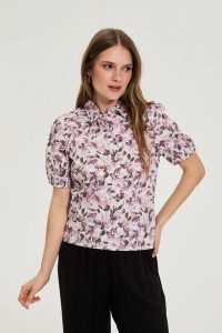 Koszula z bufiastymi rękawami fioletowa. Fioletowe koszule MOODO, l, bez wzorów, z bawełny, bez kołnierzyka, bez ramiączek. Za 99,99 zł.