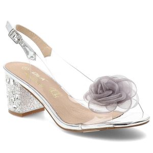 Sandały damskie S.Barski, z transparentnym paskiem ozdobny kwiat pasek z regulacją stabilny obcas elegancki styl, srebrne, MR61-9011. Szare sandały S.BARSKI, bez wzorów, bez obcasa, na obcasie, bez zapięcia. Za 199,00 zł.