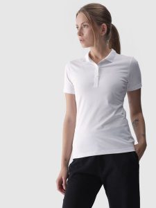 4F Koszulka polo slim damska - biała XL. Białe bluzki 4f, xl, bez wzorów, z bawełny, klasyczne, bez kołnierzyka, bez ramiączek. W wyprzedaży za 59,99 zł.