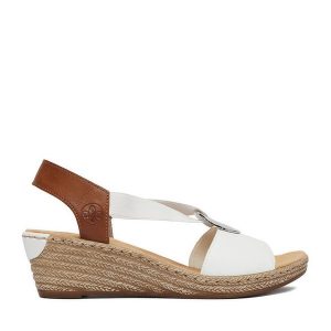 Sandały Rieker. Białe sandały Rieker, bez wzorów, bez obcasa, na koturnie, bez zapięcia. Za 299,99 zł.