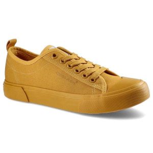 Musztardowe Trampki Cross Jeans Damskie Modne Buty. Żółte trampki Cross Jeans, bez wzorów, z gumy, bez zapięcia. Za 99,99 zł.