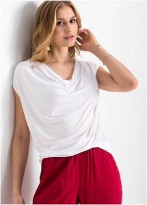 Bluzka kaskadowa z mieszanki wiskozy. Czerwone bluzki bonprix, bez wzorów, z wiskozy, bez kołnierzyka, bez ramiączek. Za 57,99 zł.