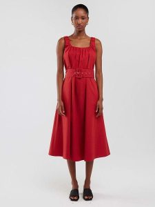 BIG STAR Sukienka w kolorze czerwonym rozmiar: XS. Czerwone sukienki Big Star, na co dzień, xs, bez wzorów, z bawełny, retro, bez kołnierzyka, bez ramiączek, midi, proste. Za 124,99 zł.