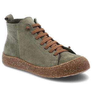 Trzewiki damskie Ravini o sznurowanym fasonie z wysoką cholewką i grubą podeszwą khaki, 1351 Khaki Nbk. Zielone buty zimowe Ravini, z jeansu, przed kolano, bez obcasa, bez zapięcia. Za 278,99 zł.
