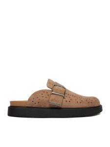 Guess Jeans Klapki EO-HY2T709-3 Beżowy. Brązowe klapki Guess Jeans, z aplikacjami, z jeansu, bez obcasa. Za 279,99 zł.