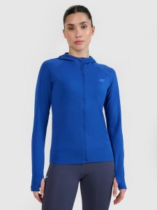 4F Bluza do biegania w terenie rozpinana z kapturem damska - niebieska M/L. Niebieskie bluzy 4f, l, bez wzorów, z dzianiny, z kapturem. W wyprzedaży za 139,99 zł.