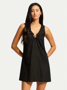 Seafolly Sukienka letnia Palermo 55508-DR Czerwony Regular Fit. Czerwone sukienki Seafolly, na lato, m, bez wzorów, ze lnu, bez kołnierzyka, bez ramiączek. Za 509,99 zł.