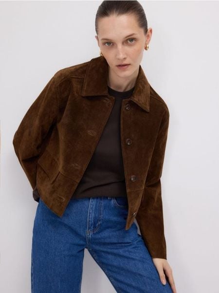 Skórzana marynarka - brązowy. Brązowe marynarki i żakiety Reserved, l, bez wzorów, ze skóry. Za 559,99 zł.