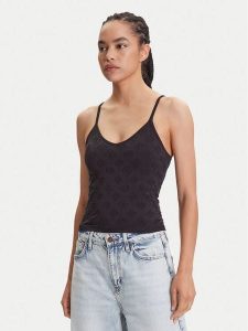 Guess Top V5YP05 Z3OA0 Czarny Slim Fit. Czarne topy Guess, l, z aplikacjami, z syntetyku, bez kołnierzyka, bez ramiączek. Za 129,99 zł.
