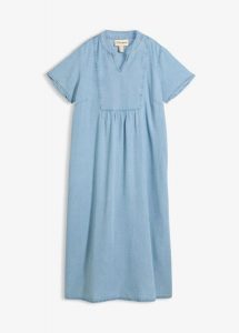 Sukienka jeansowa. Niebieskie sukienki bonprix, bez wzorów, z jeansu, eleganckie, bez kołnierzyka, bez ramiączek. Za 139,99 zł.