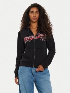 Guess Jeans Bluza W4BQ03 KC811 Czarny Regular Fit. Czarne bluzy Guess Jeans, m, z aplikacjami, z bawełny, bez kaptura. Za 249,99 zł.