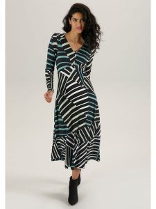 Aniston Sukienka w kolorze czarno-biało-turkusowym rozmiar: 48. Białe sukienki Aniston, bez wzorów, z wiskozy, bez kołnierzyka, bez ramiączek, maxi. Za 95,99 zł.