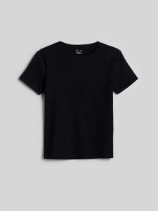 4F T-shirt slim z prążkowanej dzianiny damski - czarny L. Czarne t-shirty 4f, l, bez wzorów, z bawełny, bez kołnierzyka, bez ramiączek. Za 49,99 zł.